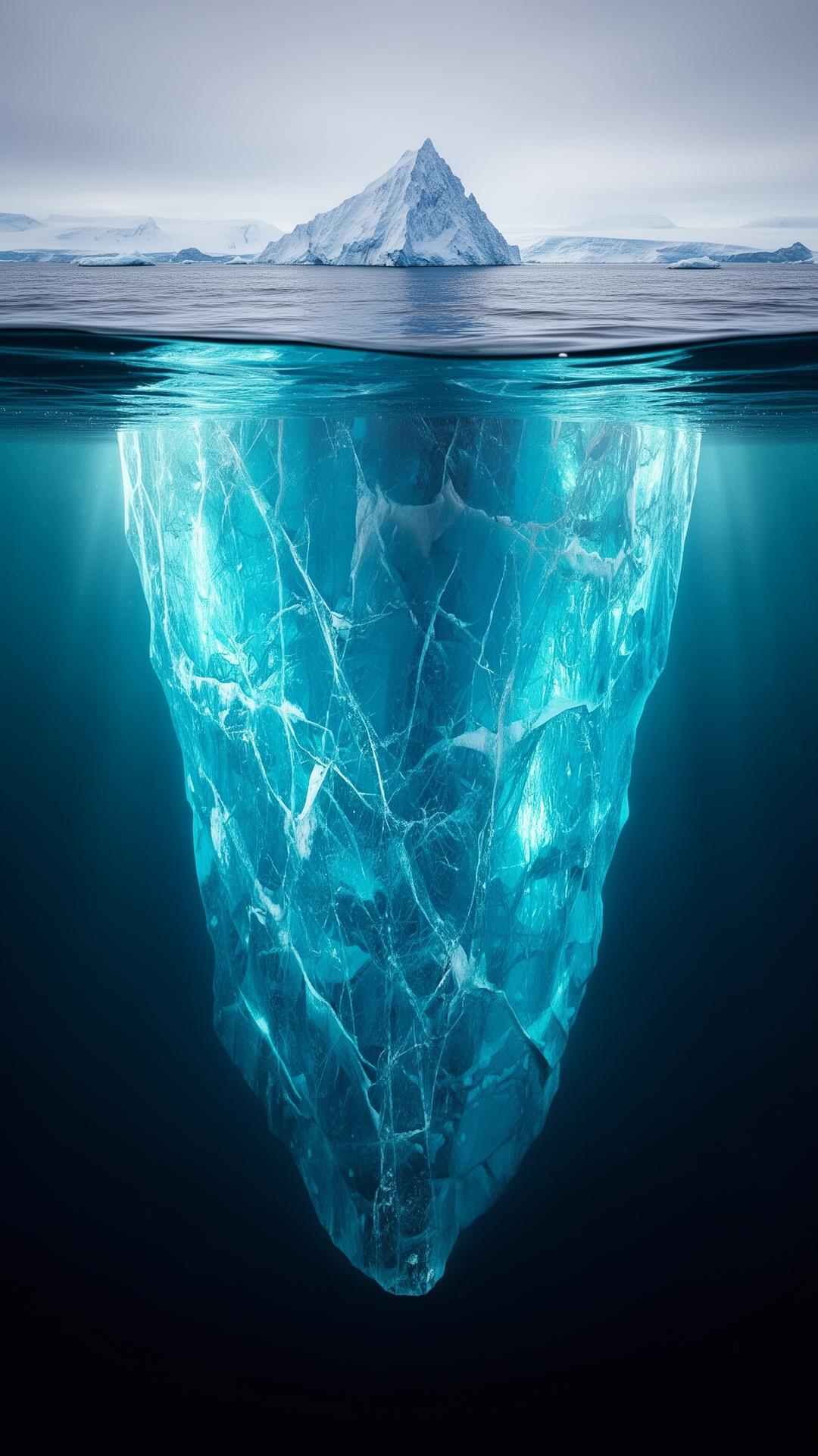 Split view of an iceberg revealing its enormous submerged mass
