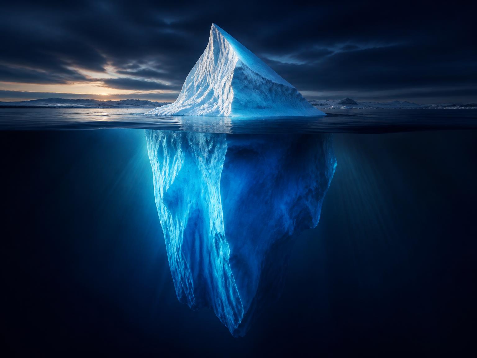 A colossal iceberg with a small peak above dark water and an immense glowing mass submerged beneath